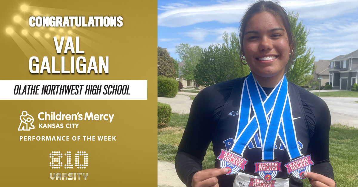 Congrats to Val Galligan of Olathe Northwest, @ChildrensMercy Female Performance of the Week @val_galligan dominated the @ku_relays -1st in javelin (150’ 5”) -2nd in shot put (43’ 5” - school record) -2nd in discus (148’ 11” - school record) Galligan is committed to @Mizzou