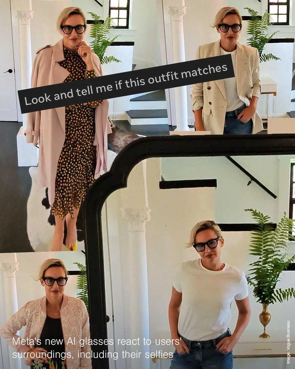 Would you trust Meta AI to style your outfit? @MaghanMcD at @voguebusiness got early access to Meta’s updated AI-enabled smart glasses, which can react to what users see — including selfies. #MetaAI