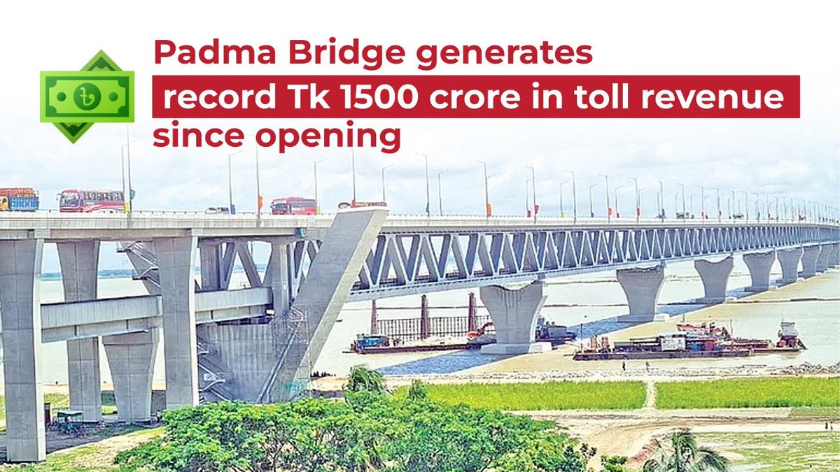 Since its inauguration, the #PadmaBridge has significantly boosted government revenue, collecting a staggering Tk 1500 crore in tolls from vehicles traversing this architectural marvel. 👉link.albd.org/e0t5n #Bangladesh #Transportation