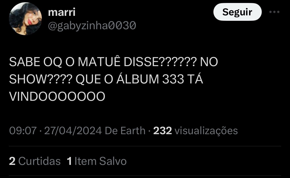 🚨O Matuê falou do álbum no show em Manaus no último dia 26. Olha o que ele disse:

— “O 333 tá vindo!”

QUE GRANDE NOVIDADE, NÉ GALERA 🙄