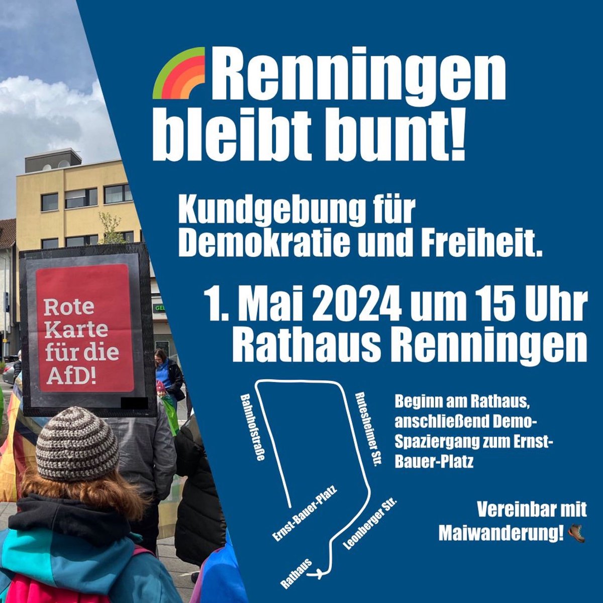 #SaveTheDate #Renningen 01.05.2024 ab 15:00 

Motto: Renningen bleibt bunt

Am Rathaus Renningen

#WirSindDieBrandmauer #NieWiederIstJetzt #LautGegenRechts #SeiEinMensch #NoAfD