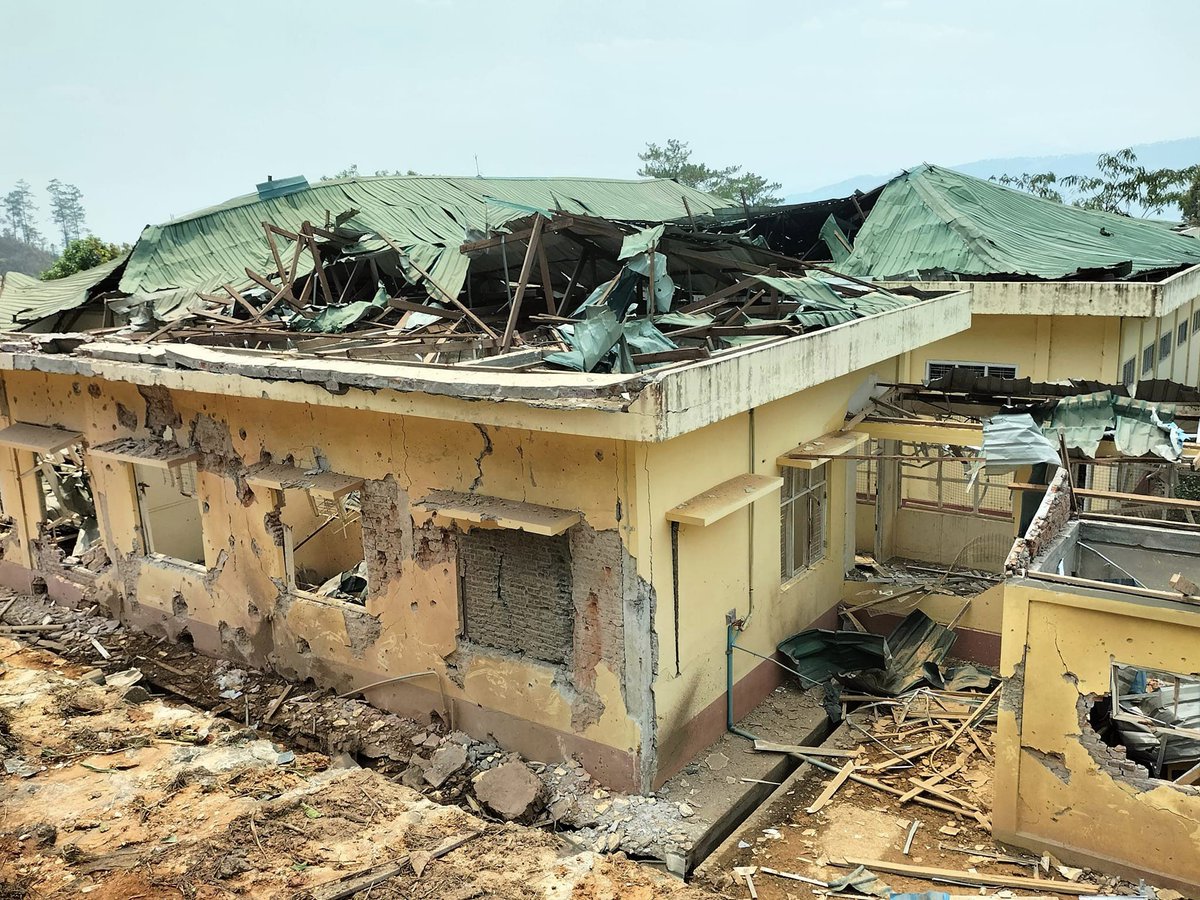CrphMyanmar's tweet photo. ✈️ On 25 Apr 2024, the terrorist Military Council intentionally bombed the WunMaThuu Hospital in Min Dat Township, #Chin State using a jet fighter according to @NUG_MOH

🏥 The hospital was completely destroyed, 4️⃣ patients and 1️⃣ patient attendant were killed. 

#NotATarget https://t.co/xPrK1Cvfws