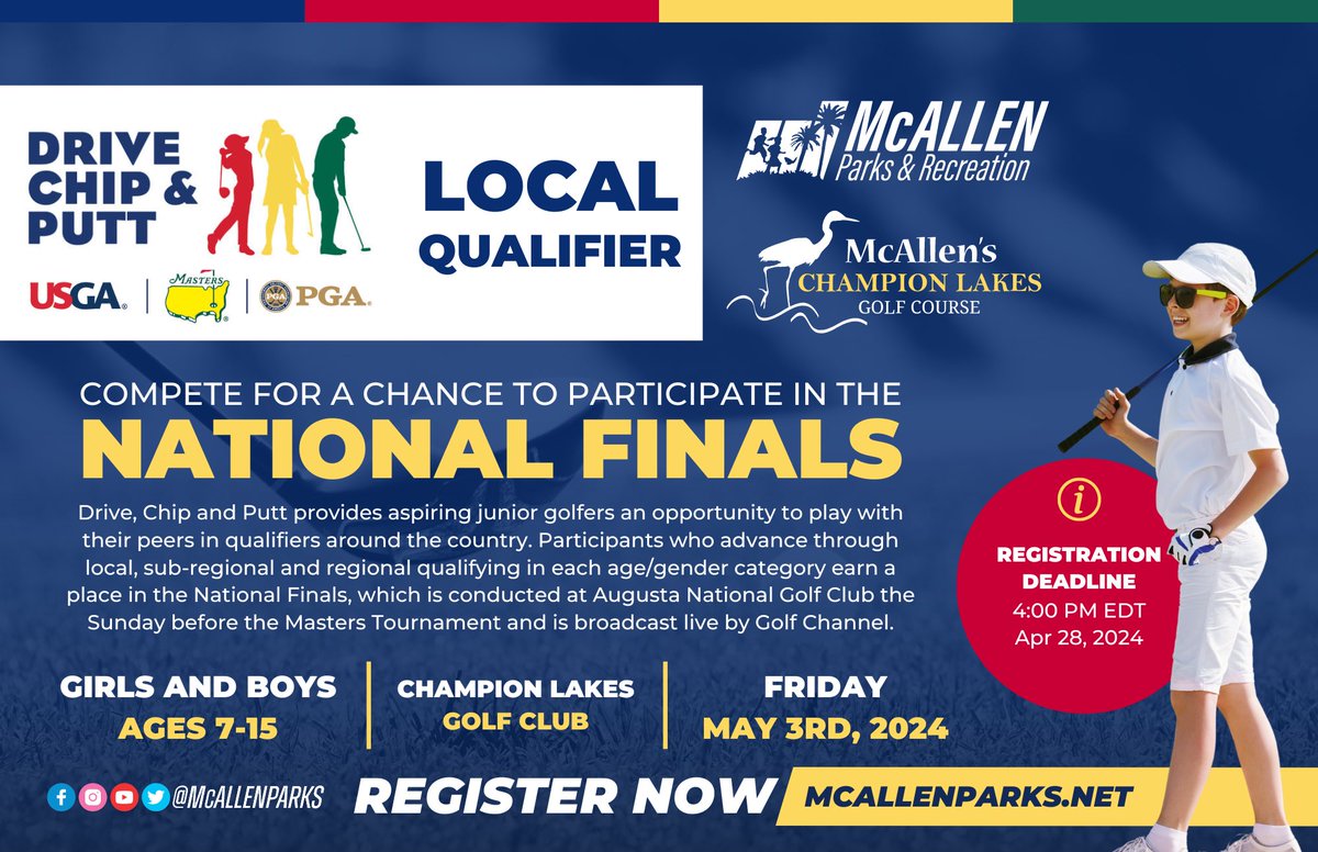 ChampionLakesGC's tweet photo. Registration for the DRIVE CHIP AND PUTT Qualifier CLOSES TODAY at 4 pm!! Sign up NOW at https://t.co/pcX2ygKZAF Registration is FREE and open to all boys and girls ages 7-15. No experience required! 
@McAllenParks @CityofMcAllen https://t.co/gCjfUyqmga