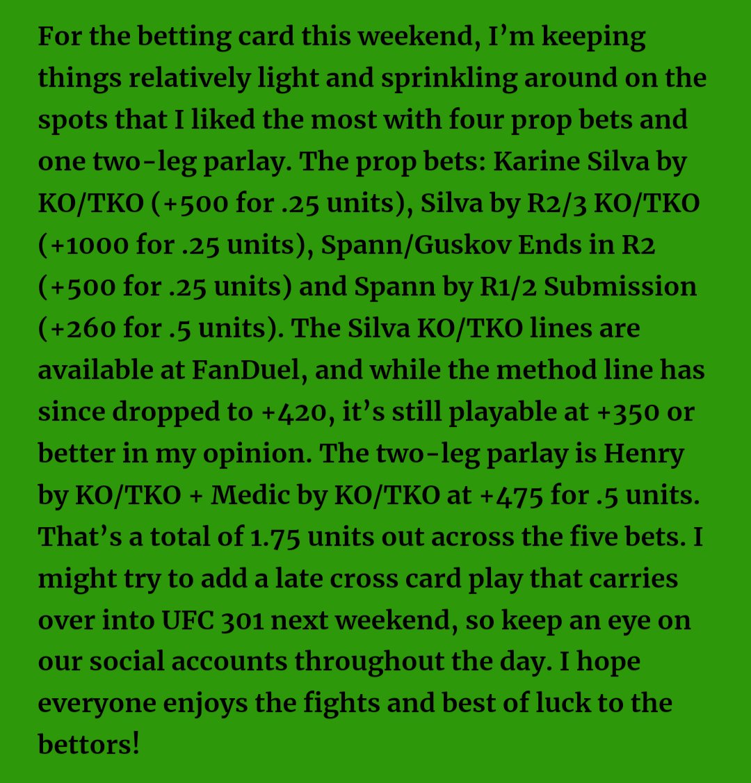 UFC Vegas 91 Quick Recap

Picks went 8-5 on the night and ended up +2.25 units on the bets. Pretty happy overall with that one and surprisingly fun card for the most part. Props to Alex Perez getting back into the win column, Karine Silva continuing her climb in the flyweight
