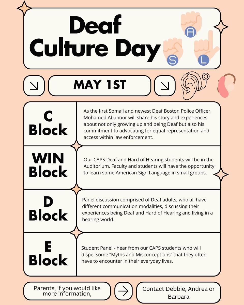 Deaf Culture Day is this Wednesday, May1st! The kids have been hard at work preparing for this day and we are so proud of them  🤟🏼 #deaf #hoh #dhh #newton #newtonma #deafcultureday #studentleaders #capscollaborative  #schoolprogramforthedeaf