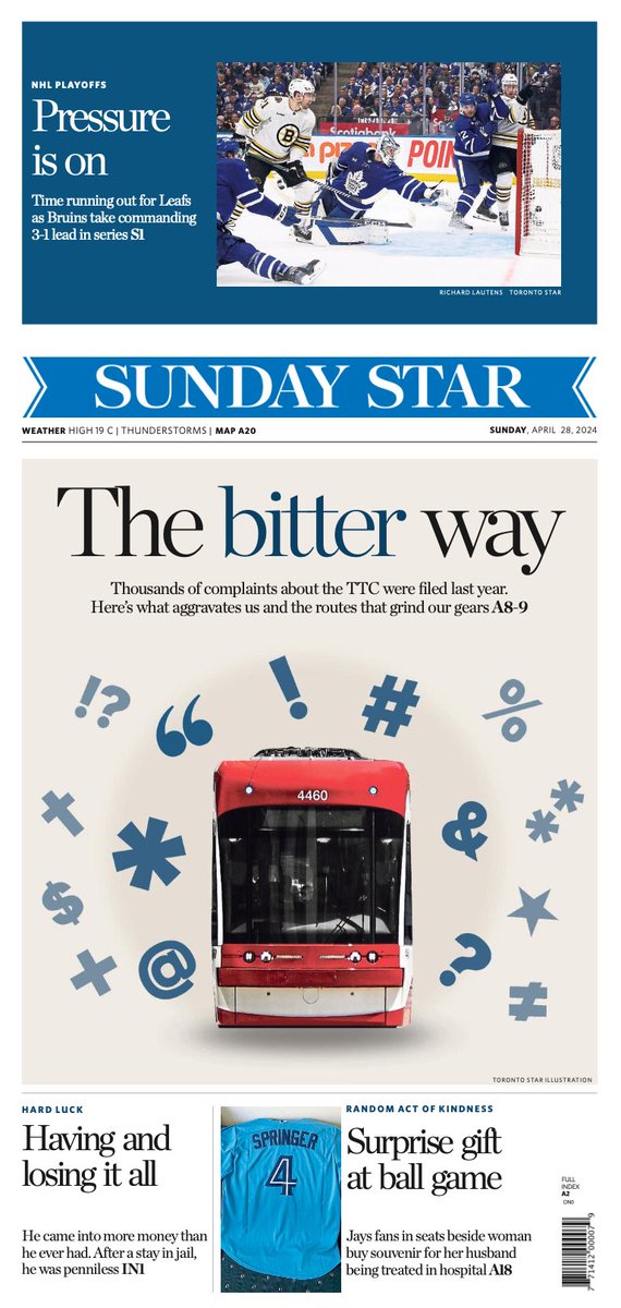 In Sunday's @TorontoStar: @thatemfagan dug deep into what grinds our gears on the TTC. Data graphics by @NathanPilla. Plus, @kevin_mcgran has @MapleLeafs on elimination watch. @NicoleatTheSpec writes of having and losing it all. Plus, a story about a random act of kindness.