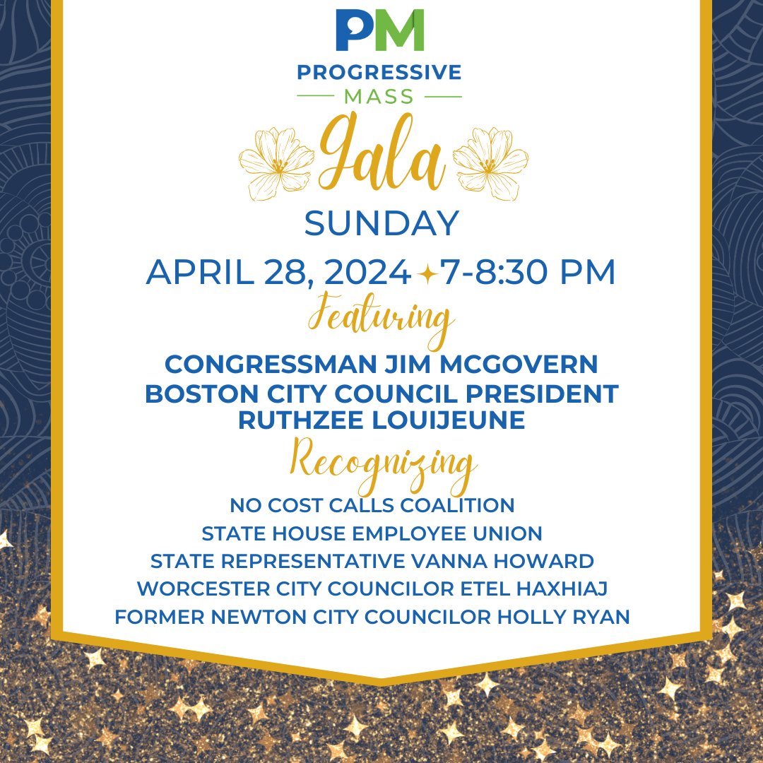 The Progressive Mass 24 Gala is tonight, April 28, 7pm! It's virtual so that all can join! secure.actblue.com/donate/pmgala24 Keynote speakers: @McGovernMA and @Ruthzee Honorees: No Cost Calls Coalition, @BeaconHillUnion,@RepVannaHoward,@Etel_Haxhiaj,@HollyRyanMA #mapoli