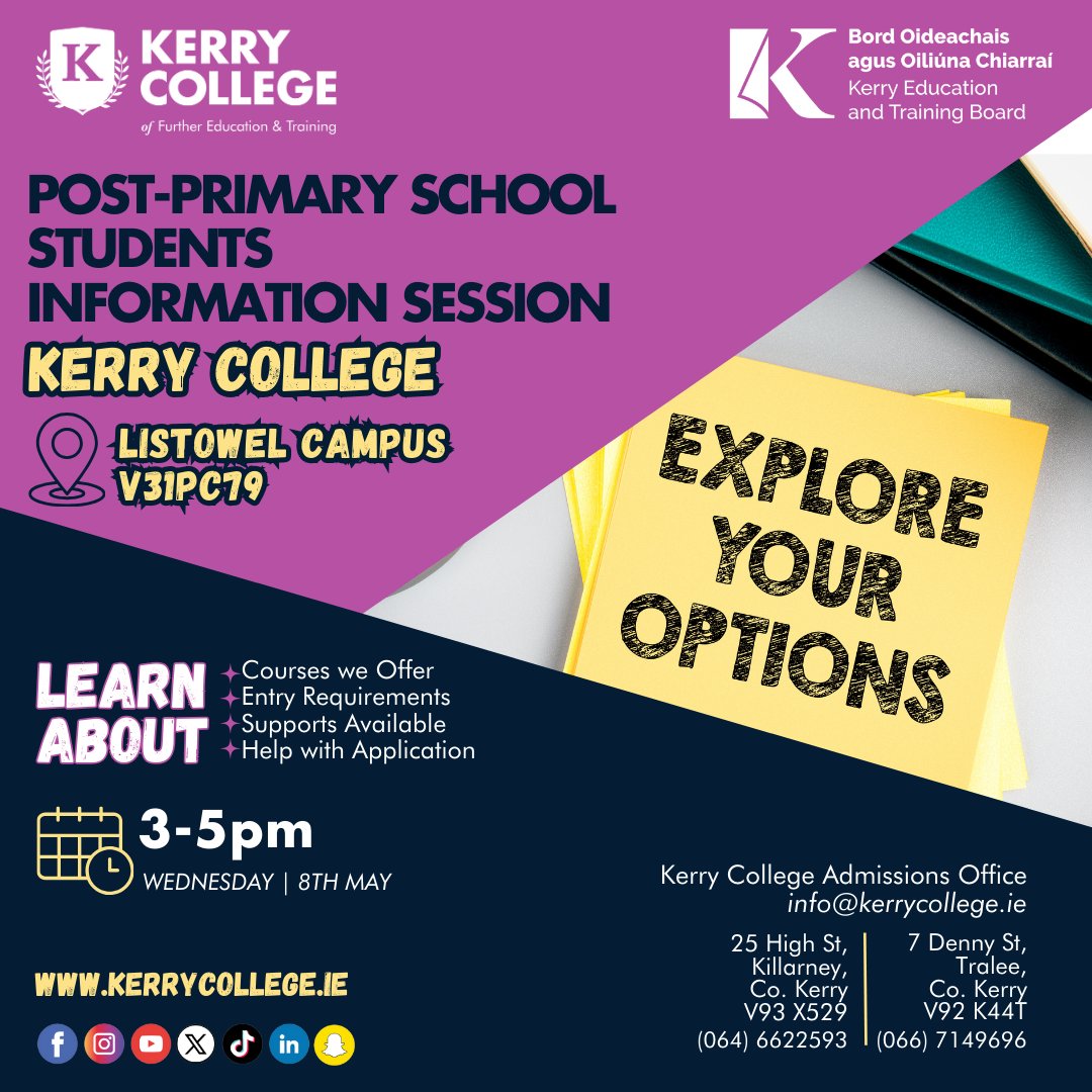 📢 Attention Post-Primary School Students! 🎓 Join us at our Listowel Campus on May 8th for an exclusive Information Session. Discover our Courses 📘, Entry Requirements 📝, Available Supports 🤝, and get Assistance with your Application! Don't miss out! #KerryCollege