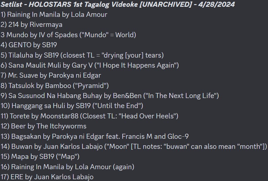 here's Octavio's Unarchived Tagalog Karaoke setlist! I added my own TL notes, but they may not be accurate.

And don't worry, there will be a re-broadcast! #OctLIVEo