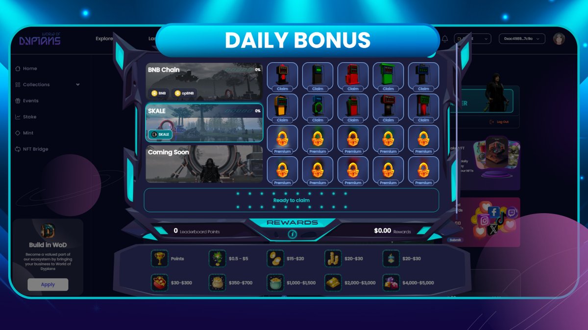 🚀 The Daily Bonus in World of Dypians has been upgraded with new features and exciting prizes! Available on @BNBCHAIN, #opBNB, and @SkaleNetwork, it's your ticket to adventure. New features include more points for global ranking and higher rewards in value. Some rewards