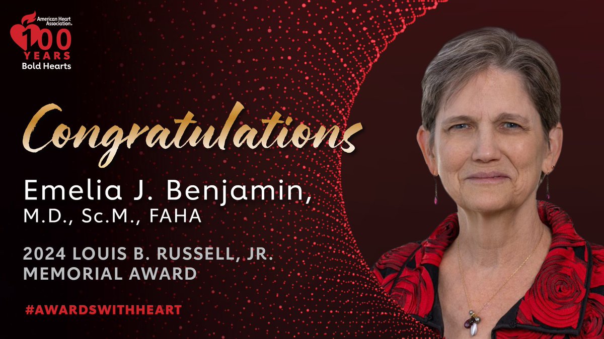 Emelia Benjamin M.D., Sc.M., FAHA from @BUMedicine has championed diversity, inclusion and equity and provided outstanding service to under-resourced populations and has earned @American_Heart’s Louis B. Russell, Jr. Memorial Award. spr.ly/6016b0s10

#AwardsWithHeart