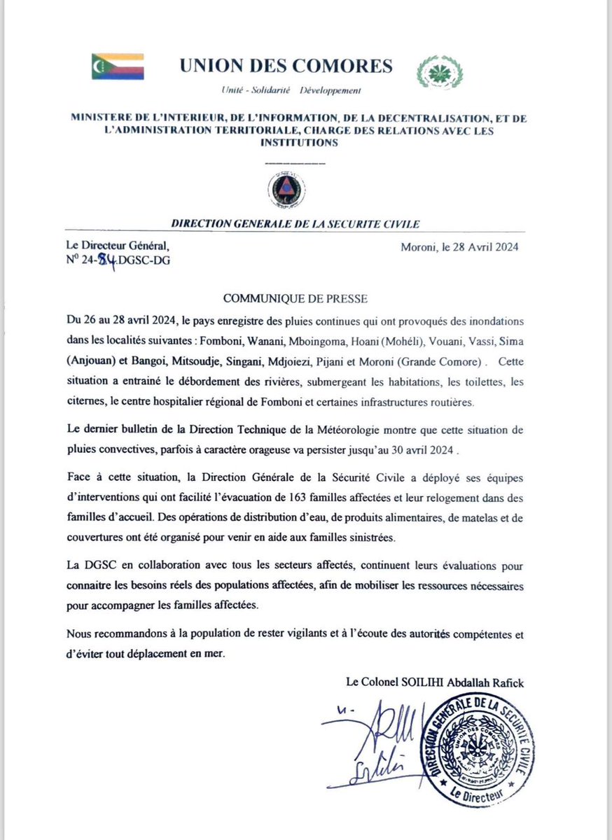 🆕️🔴Communiqué de presse de la Direction Générale de la Sécurité Civile 
Pour en savoir plus ⤵️