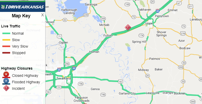 Hempstead Co: (UPDATE) I-30 WB left shoulder remains blocked at Mile Marker 23.5 (Hope) due to a single vehicle accident in the median. Monitor IDriveArkansas.com for the latest information. #artraffic #swatraffic