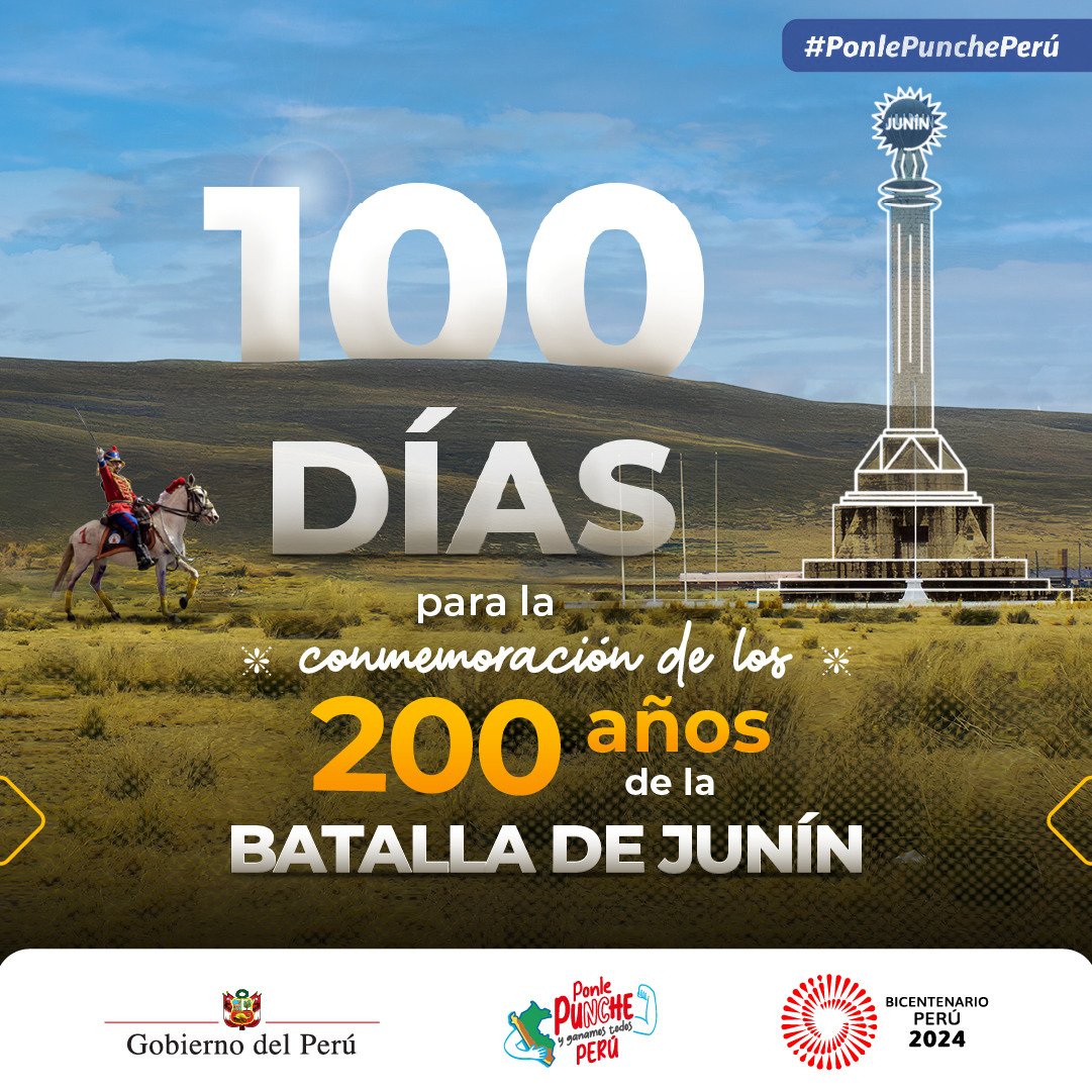 ¡100 días nos separan de un momento histórico que selló nuestra Independencia! El Santuario Histórico de Chacamarca será testigo de la conmemoración del bicentenario de la Batalla de Junín, un acontecimiento que abrió paso para consolidar definitivamente la libertad en el Perú.