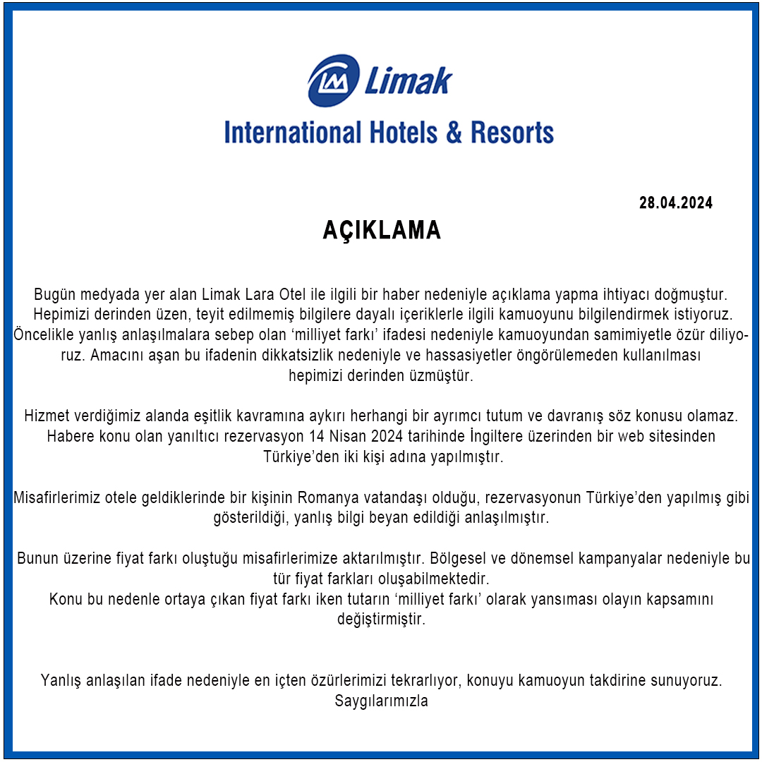 120 Euro'luk 'milliyet farkı' alan otel için bakanlık harekete geçti.

Otelden özür mesajı geldi.