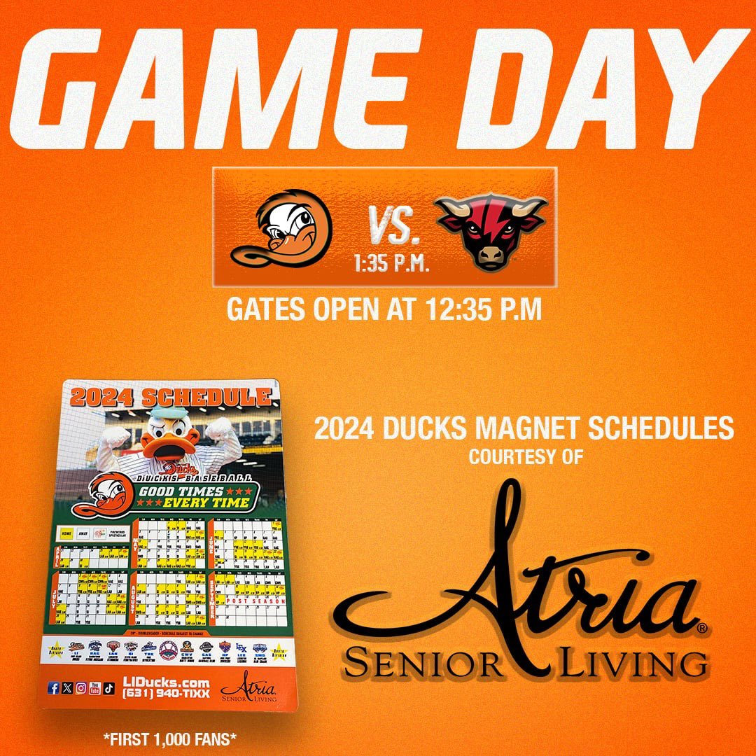 Today, we wrap our four-game series against the @Lancstormers! The first 1,000 fans in attendance will receive a 2024 Ducks Magnet Schedule, courtesy of Atria Senior Living.🧲📆 ⏰ 1:35 p.m. | Gates 12:35 p.m. 🎟️ ld6.glitnirticketing.com/ldticket/mobil…