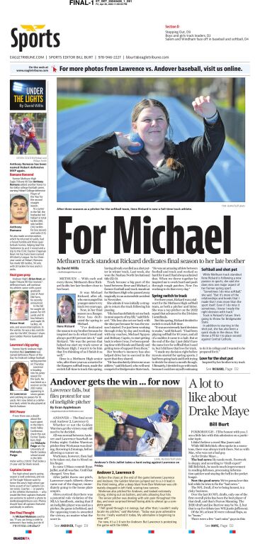 Bill Burt (@burttalkssports) on Twitter photo HS, college, pro ... in our Weekend Edition
- Inspirational story local shotput star dedicating season to late brother by <a href="/DWillisET/">David Willis</a>
- Wild win for Andover that might not end up being a win. Great story by <a href="/EvanApplebaum2/">Evan Applebaum</a>
- My column on Drake Maye. Needs work but kid has spunk! HS, college, pro ... in our Weekend Edition
- Inspirational story local shotput star dedicating season to late brother by <a href="/DWillisET/">David Willis</a>
- Wild win for Andover that might not end up being a win. Great story by <a href="/EvanApplebaum2/">Evan Applebaum</a>
- My column on Drake Maye. Needs work but kid has spunk!