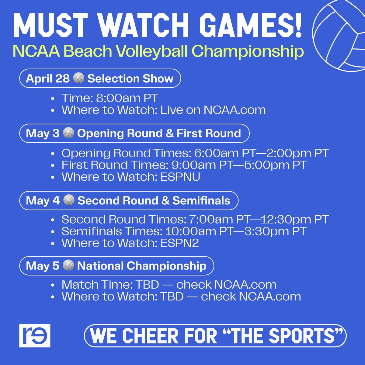Let's rally for @NCAAVolleyball 🏐 Here's how to tune into the NCAA Beach Volleyball Championship this week! When we watch the game, we change the game 👏 Never watch alone: Join your fellow Reimaginers in the game-day chat on RE—space!