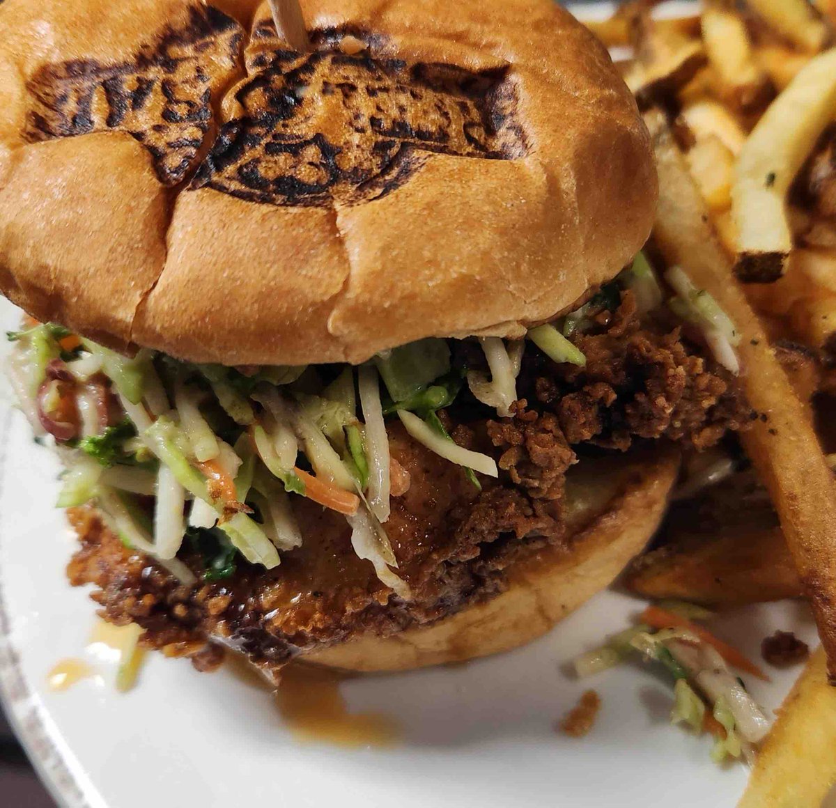 Sunday Funday! Come on in for our Hot Honey Fried Chicken Sandwich – Hand breaded chicken breast drizzled with hot honey topped with our house made Cole slaw on our branded bun. Served with our house cut fries! Yum!