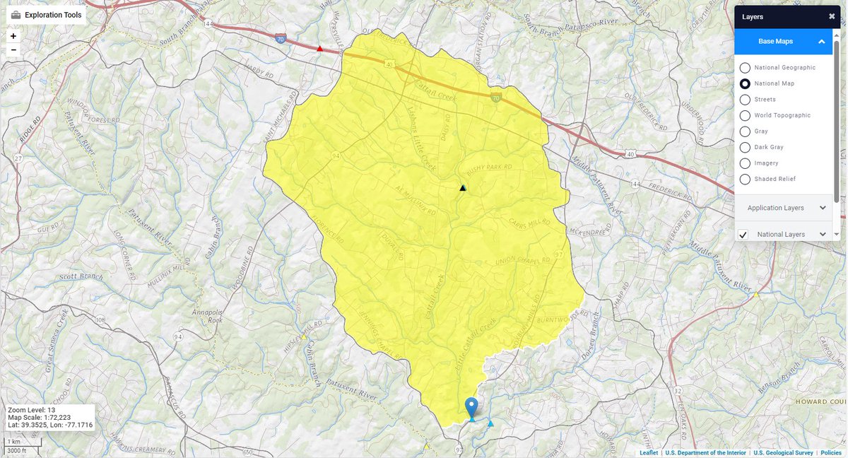 Happy Maryland Statehood Day to our friends at @usgs_md_de_dc ! 

Pictured here is the watershed of streamgage # 01591400, Cattail Creek near Glenwood, MD. Our Maryland application has water use functionality, 5 types of flow statistics, and 14 basin characteristics.