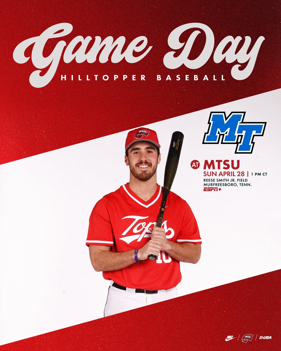 Sunday afternoon rubber match! 🆚 MTSU ⌚️ 1 PM CT 📍 Murfreesboro, Tenn. 🏟️ Reese Smith Jr. Field 📺 es.pn/3w8Ehir 📻 ESPNKY 102.7 🎙️ goto.ps/WKUBaseVN 📊 bit.ly/3wcA0ur #GoTops | #Team105