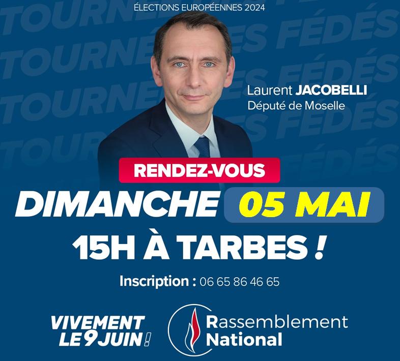 Plus qu'une semaine pour s'inscrire! Le porte-parole du RN et député Laurent JACOBELLI sera à TARBES en Hautes-Pyrénées (65) le dimanche 05 mai. Cet réunion sera la dernière en Bigorre avant les élections européennes! contact@rassemblement-national65.fr #RNvite #VivementLe9Juin