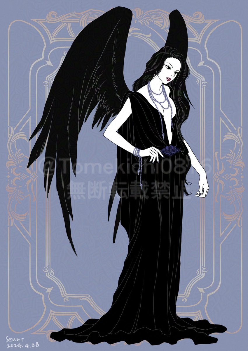 1girl solo long hair breasts black hair dress jewelry  illustration images