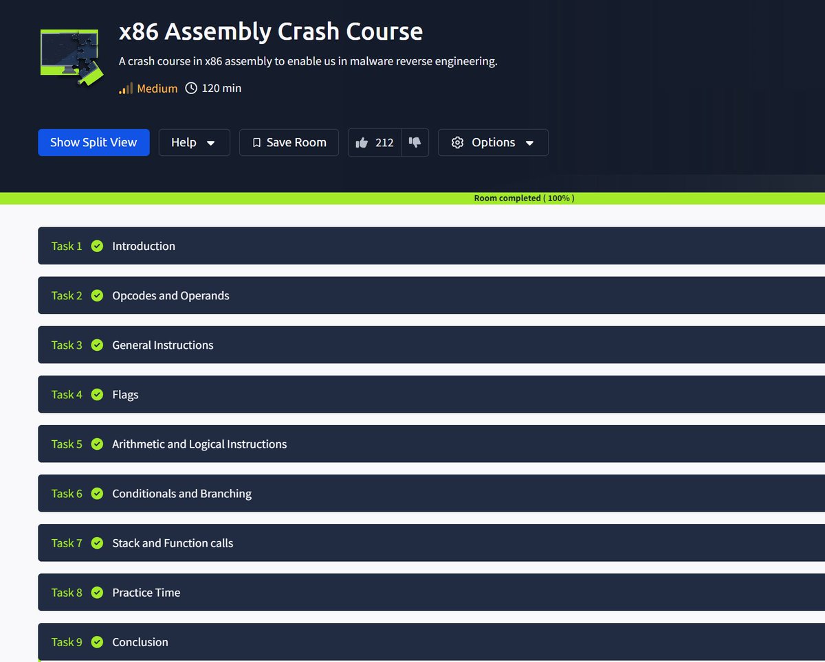 Finished the Assembly Crash course on @realtryhackme, & I felt like I had a much better understanding on how the concepts work comparing to when I had my first exposure to them nearly seven years ago. 

#SocLevel2 #TryHackMe #CyberSecurity 

tryhackme.com/r/room/x86asse…