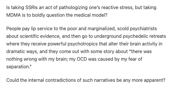 A fair challenge to a common 'internal contradiction' when we think about psychedelics 'People Are Stumbling From One Misguided Narrative About the Medical Model to Another' by @awaisaftab psychiatrymargins.com/p/people-are-s…