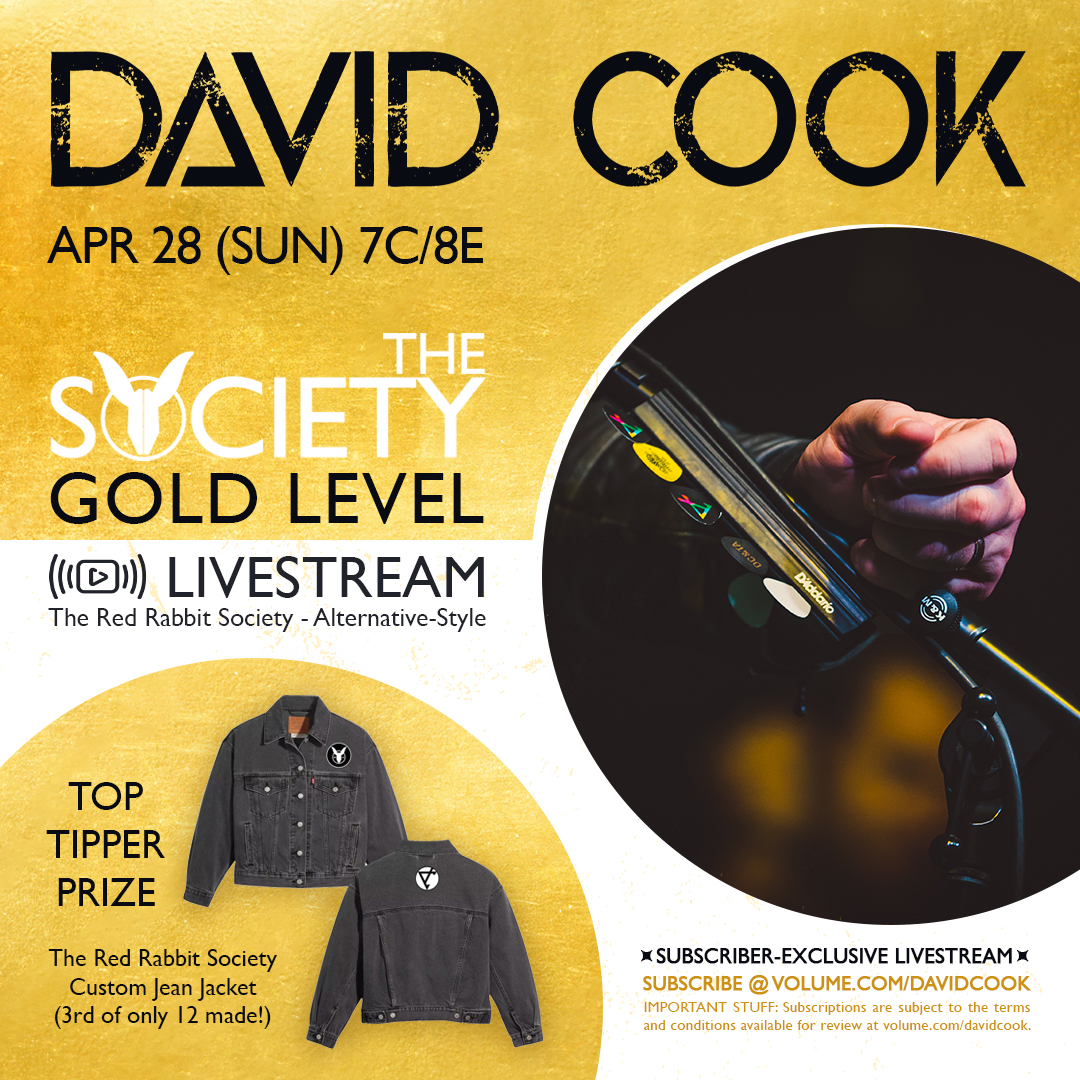 🥇 Friends, @TheDavidCook's Red Rabbit Society is gathering tonight on @GetOnVolume at 7pm CT for a very special Gold-Level livestream. Tonight's top tipper will receive a custom jean jacket. To access tonight's stream, head to the link to subscribe: volume.com/davidcook/