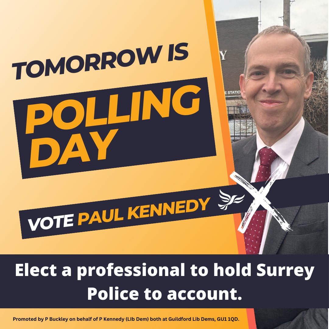 Tomorrow is #pollingday! Across Surrey, it's your chance to vote @PaulKenLD in as new Police and Crime Commissioner. Don't miss out. Make sure you have a plan of when you're going to vote, & your voter ID ready ✅ #localelections #localelections24 #timeforchange #votelibdem