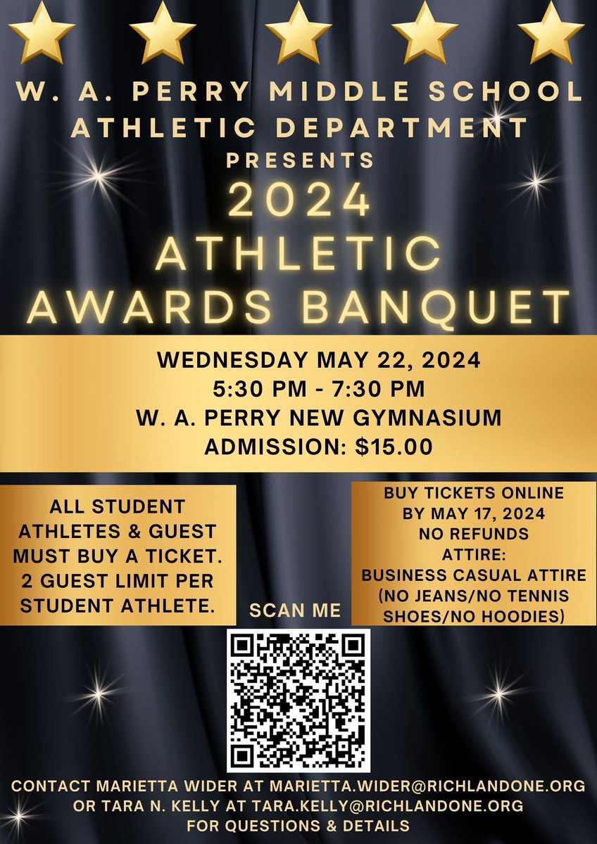 The 2024 Athletic Awards Banquet is set for Wednesday, May 23rd, 5:30 pm-7:30 pm. All athletes and guests must purchase tickets. Tickets should be purchased online by May 17th. Please scan the QR code to purchase tickets.