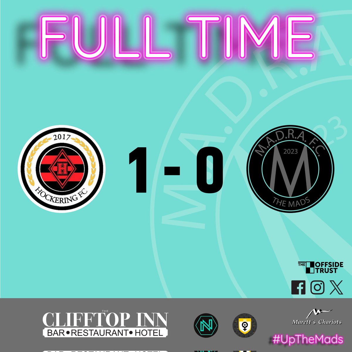 Today's game was moved to MADRA due to a water logged pitch.
Women lost by just 1 goal to 2nd place Hockering.
#UpTheMads #WelcomeToTheMadhouse #Madness #TheMads #MadraFC #NorfolkFootball #OneStepBeyond