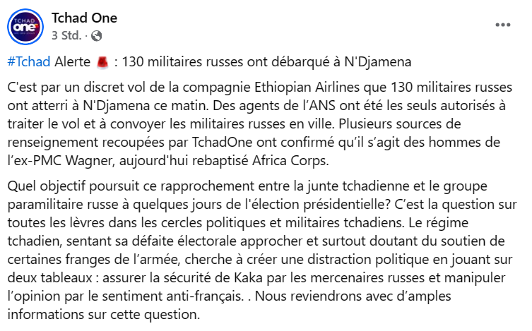 130 #Russian soldiers arrived in #Chad's capital #NDjamena this morning on a secret @flyethiopian flight. According to 'Chad One', several intelligence sources have confirmed that they are men from the former PMC #Wagner, now renamed Africa Corps.