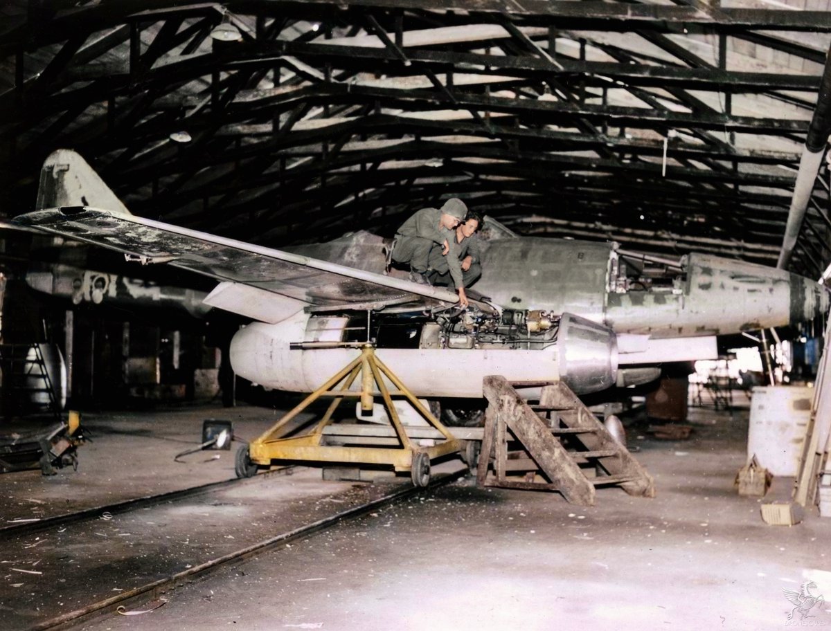 Abandoned Me262 Jet Propelled Fighter inspected by LT Rene Livchen And A Former Employee, A French Labor Conscript. Leipheim area, Germany. April, 1945 ➤➤ GERMAN AIRCRAFT PLAYLIST: dronescapes.video/WWIIGermany #aviation #Luftwaffe #Me262 #aviationdaily #aviationlovers…