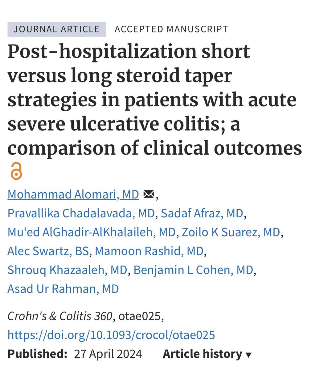 #SundayRead☕️ 👍🏼Short (<6wks) prednisone taper post🏥 for #ASUC as good as a longer taper? 🟰Re-🏥 & ✂️rates at 6 month ⚠️Before generalizing: longer taper group had more pts w longer dis duration & Mayo endo score 3🔥 💭How do authors & others approach pred taper post-ASUC?