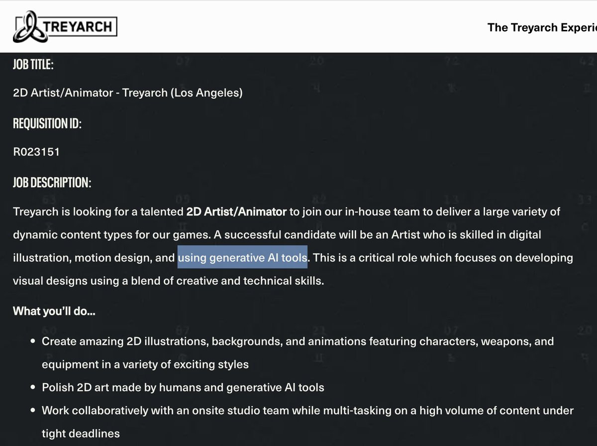 A Treyarch job listing suggests the studio may be looking to use AI tools in art dev. 

An Animator role states a person will 'polish 2D art made by humans and generative Al tools' 

Microsoft has been making a push for AI use in game development as part of their AI tools