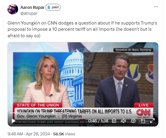 Youngkin clearly has decided, for cynical/calculated political reasons - and also cowardice - to NEVER contradict the cult leader, Donald Trump, no matter how awful the things Trump does, proposes, etc. bluevirginia.us/2024/04/video-… h/t @atrupar