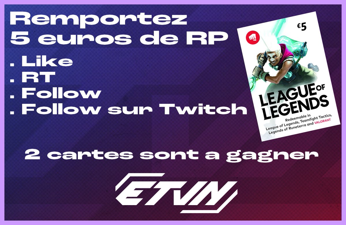 On vous propose un concours ! Remportez 2x 5€ de RP !

Il vous suffit de :

- Liker
- RT
- Follow sur Twitter
- Follow sur Twitch (/etvn)

TaS le 1er mai à 21h00 ! #NexusTour #Concours