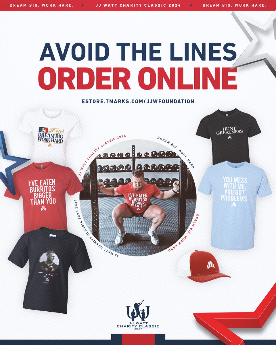 Get your JJ Watt Charity Classic merch! Items are available for sale until noon tomorrow, April 29 and then we will be packing up for the event!  Buy now: estore.tmarks.com/jjwfoundation/ @JJWatt | #DreamBigWorkHard