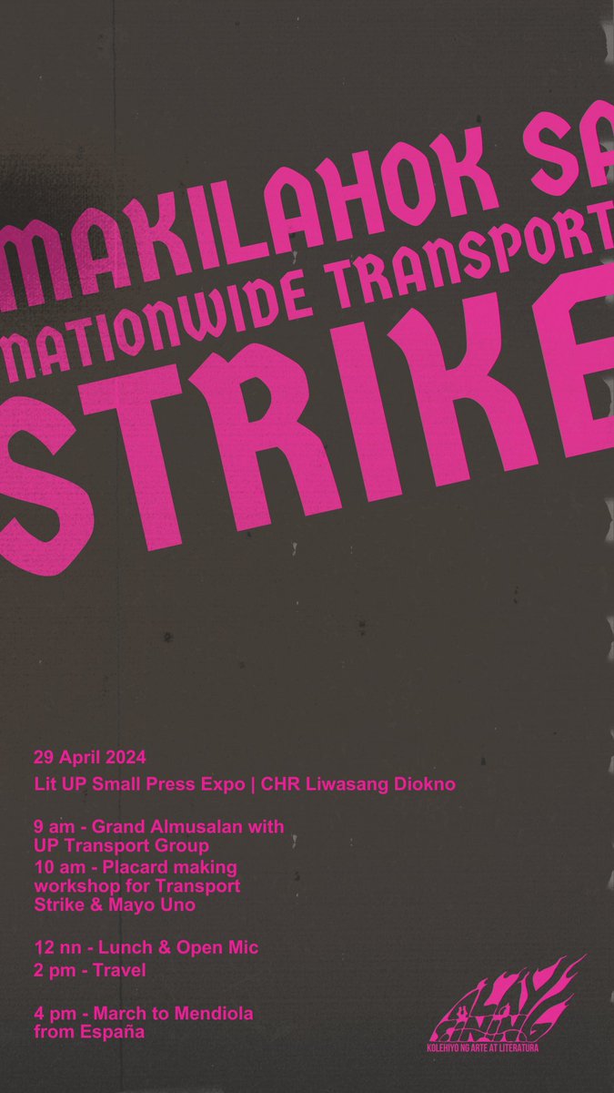 ARTISTA NG BAYAN, MAKILAHOK SA NATIONWIDE #TRANSPORTSTRIKE!

Ipaglaban ang karapatan sa kabuhayan at makataong pampublikong transportasyon, sama-sama nating ibasura ang April 30 deadline para sa franchise consolidation! 

#NoToJeepneyPhaseout
#PUVMPIbasura