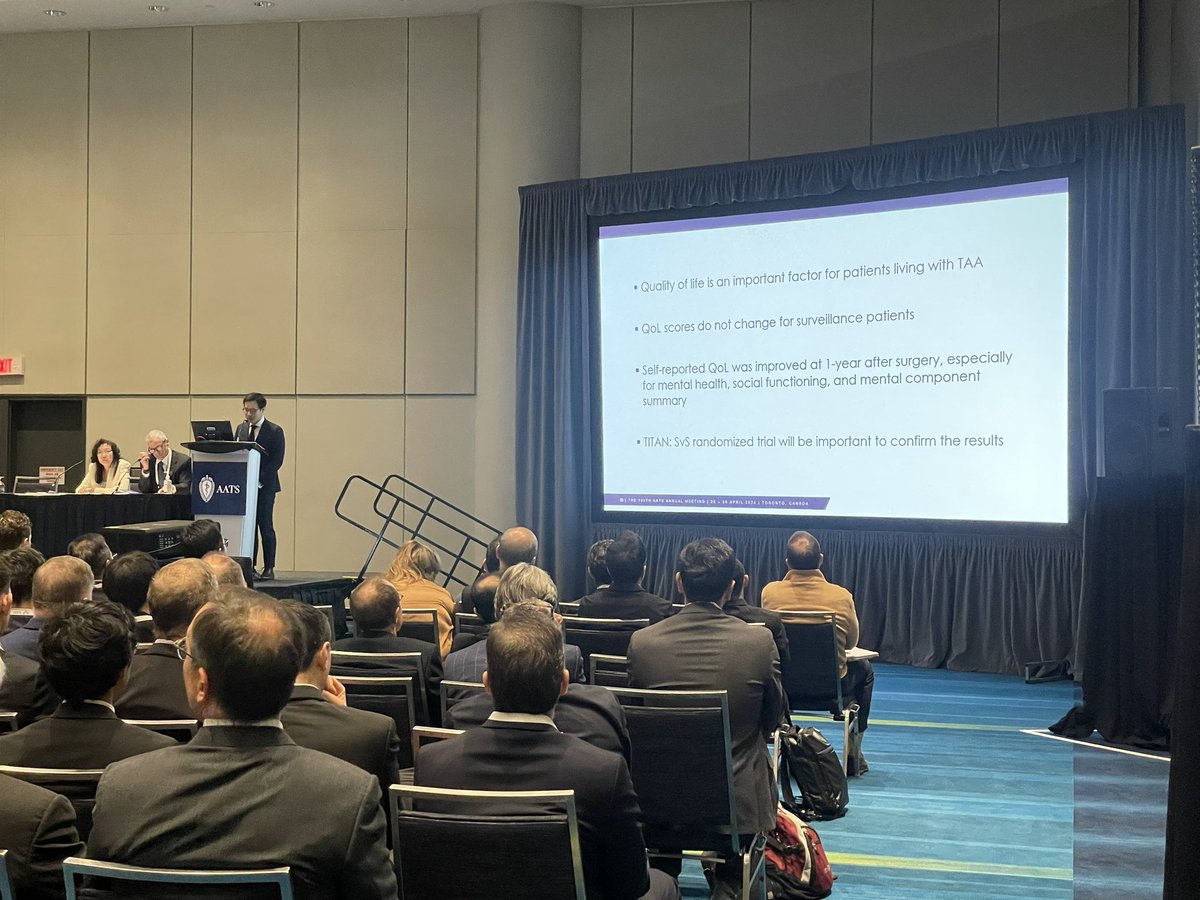 Great job <a href="/mingdguo/">Ming Guo</a> on your #TitanSvS registry QOL presentation #AATS2024. Important foundational work on the observational QOL evidence, setting the stage for the randomized evidence. Strong work <a href="/JehangirAppoo/">Jehangir Appoo, MD, FRCSC</a> #MunirBoodhwani #Titaninvestigators
<a href="/CtacSurg/">Canadian Thoracic Aortic Collaborative</a> <a href="/AATSHQ/">AATS</a>