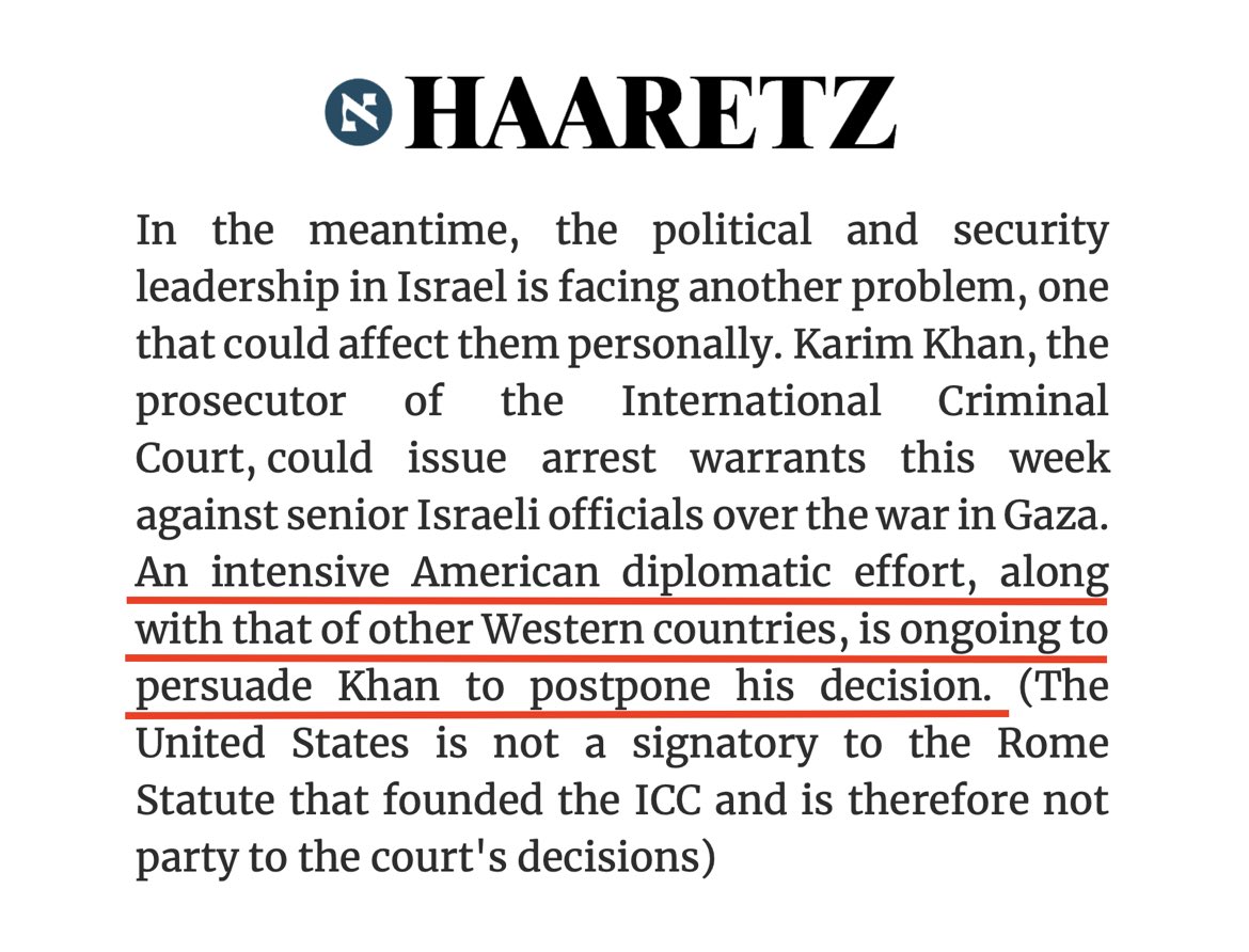 The US, GB and European nations, are doing all they can to prevent an imminent arrest warrant against Netanyahu & Israeli ministers by the International Criminal Court. This is a new low! Source: haaretz.com/israel-news/20…