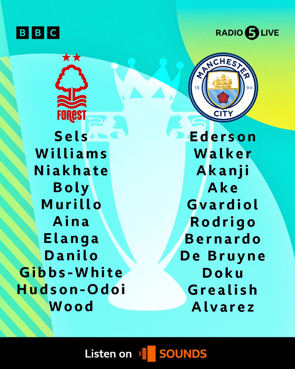 📋 Team news from The City Ground Two changes for Nottingham Forest as Willy Boly and Anthony Elanga come in for Nicolas Dominguez and Giovanni Reyna. Phil Foden misses out but Erling Haaland is back on Man City's bench. Listen live: bbc.co.uk/5live 📻⚽️