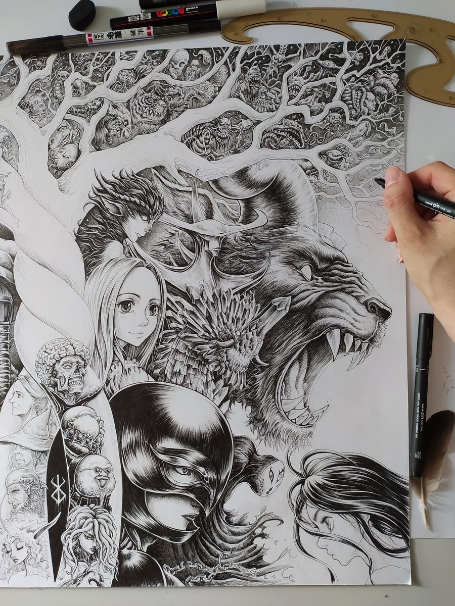 Almoust done with this large Berserk inkwork!🔥 Took way longer than expected 💀 Prints will be available soon at SandraRush.com 💙

#BERSERK #thankyoumiura