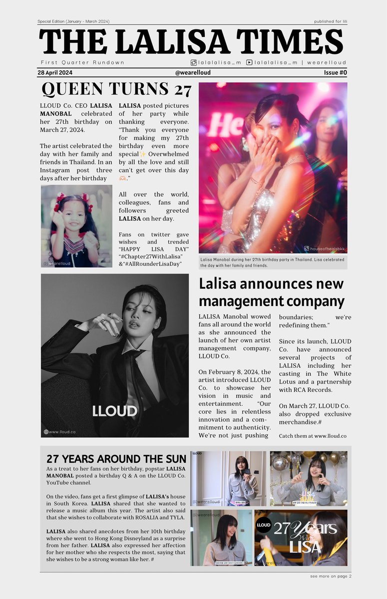 luvlikelisa's tweet photo. THE LALISA TIMES
Special Edition

First Quarter Rundown of LALISA's 2024 (Jan-Mar)

#LISA #LALISA #LLOUD https://t.co/cf117r4tpe