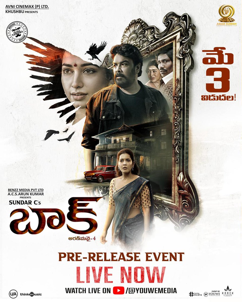 Tune live to experience an evening packed with chills & thrill at #BAAK 🦇 Trailer Launch ✨ Watch the Grand Pre-Release Event Live here👉🏻youtu.be/Sr9Ta4zxJwk A Film by #SundarC A @hiphoptamizha Musical 🎶 Telugu Release by @asiansureshent ✨ #BAAKfromMAY3rd #Aranmanai4…