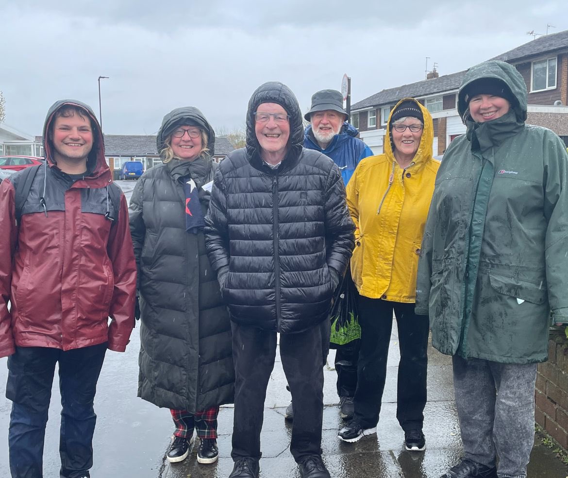 Back out today with John, Sandra and the Whitley Bay Labour team speaking to residents. By working together we get the jobs done - whatever the weather ☔️🌹 #VoteLabour