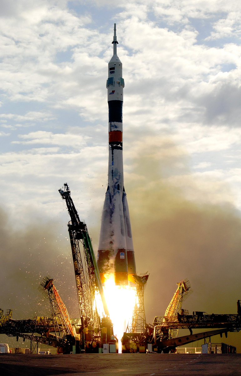 Soyuz rocket launches Soyuz TMA-2 spacecraft from Baikonur Cosmodrome, Kazakhstan.