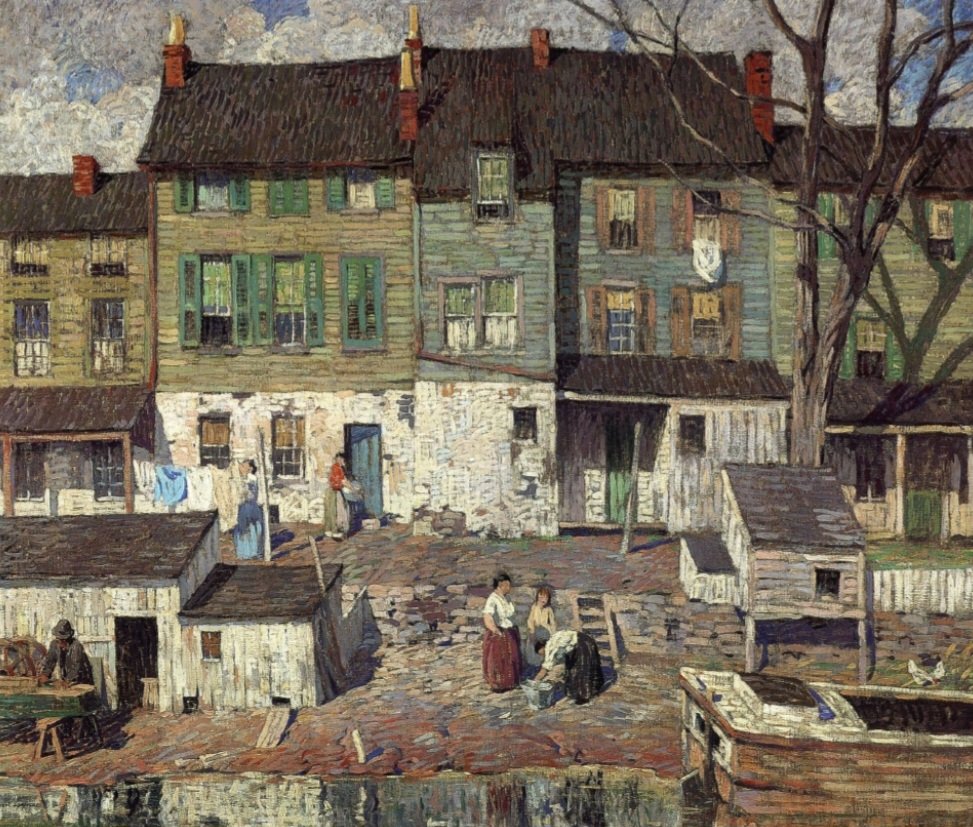 'On the Canal, New Hope.' Robert Spencer was an American painter who received a lot of recognition in his day for paintings depicting New Hope, Bucks County in Pennsylvania. For some time, he trained with Daniel Garber and was influenced not only by his style, but his practice